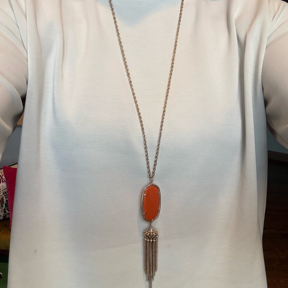Kendra Scott gold with orange stone earring and pendant necklace set. - Picture 3 of 5